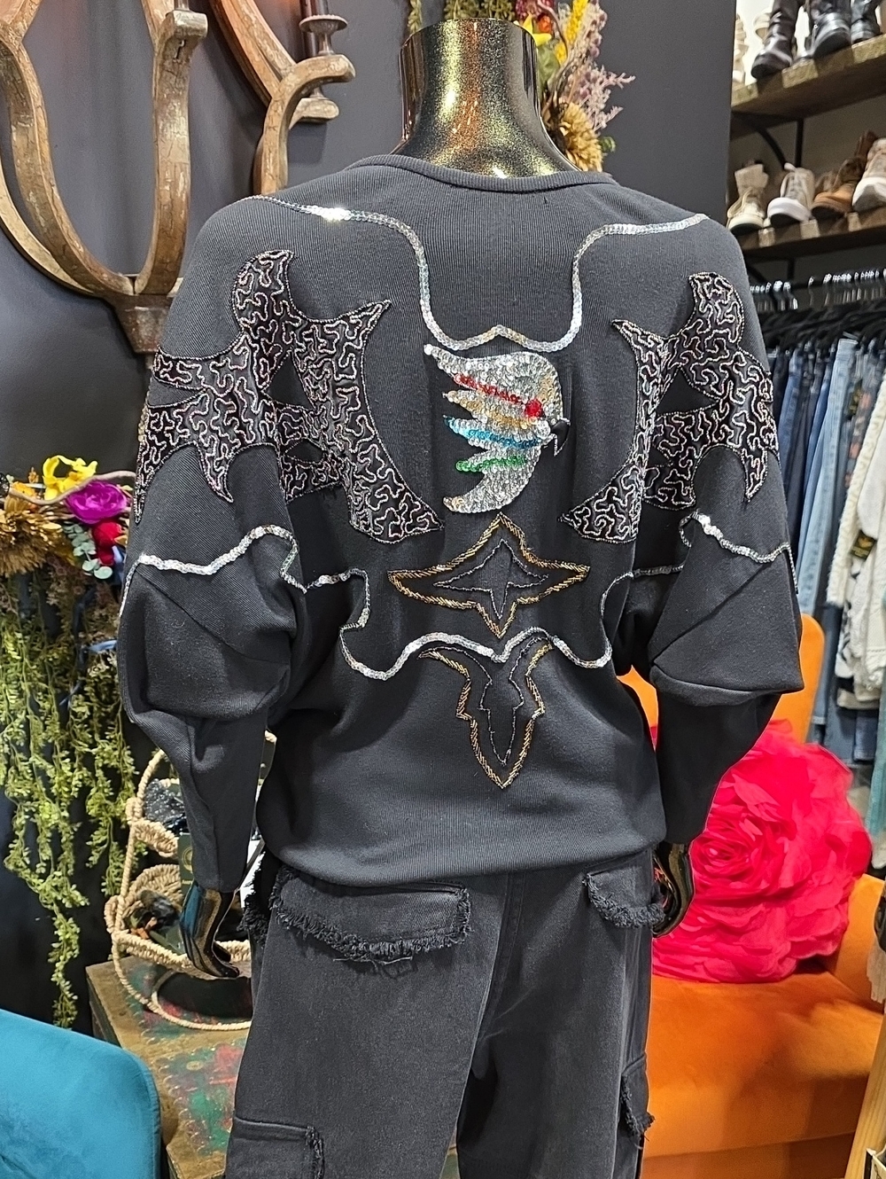 Vintage Black Embellished Women's Knit Top w/ Sequin Accents Design